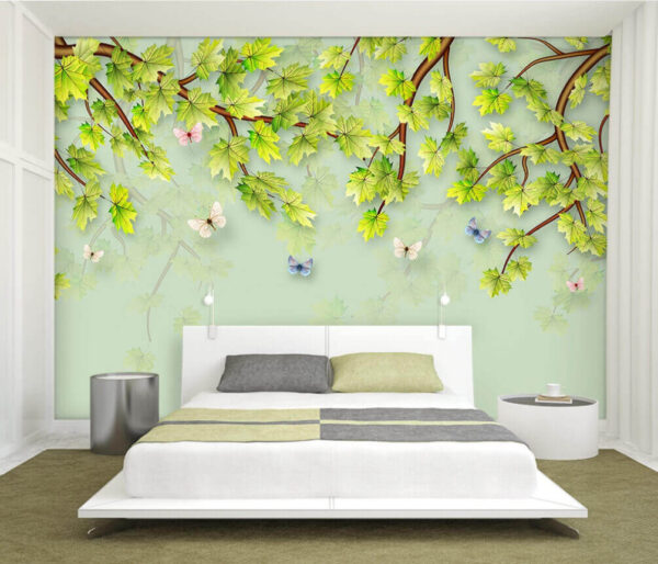 Fototapeten Grüne Blätter und Schmetterlinge auf einem weißen Hintergrund