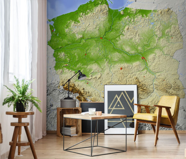 Fototapeten Karte von Polen mit Land und Wasser