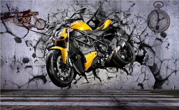 Das Motorrad durchbricht die Wand Fototapeten Das Motorrad durchbricht die Wand