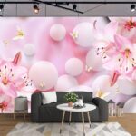 Fototapeten Rosa Blumen und Schmetterlinge