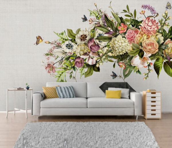 Schmetterling fliegt über einen Blumenstrauß Fototapeten Schmetterling fliegt über einen Blumenstrauß
