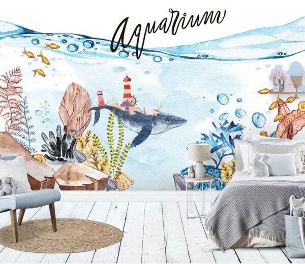 Aquarell eines Wals und eines Leuchtturms Fototapeten Aquarell eines Wals und eines Leuchtturms