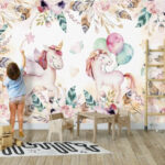 Fototapeten Aquarell Einhorn mit Luftballons