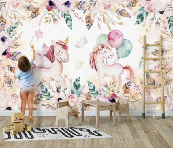 Aquarell Einhorn mit Luftballons Fototapeten Aquarell Einhorn mit Luftballons