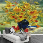 Fototapeten Gemälde einer Vase mit gelben Blumen und Früchten