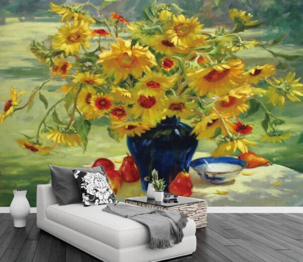 Gemälde einer Vase mit gelben Blumen und Früchten Fototapeten Gemälde einer Vase mit gelben Blumen und Früchten