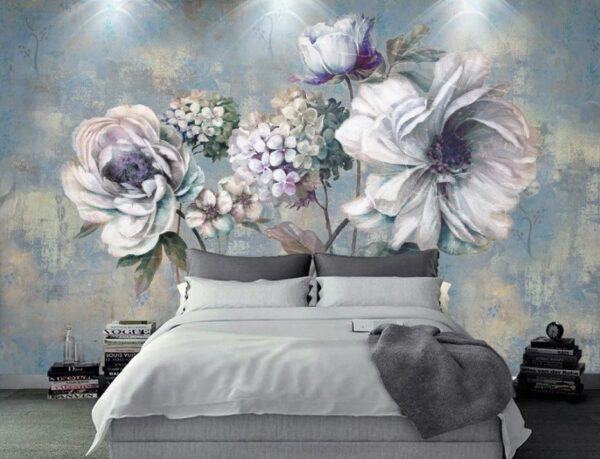 Fototapeten Gemälde mit Blumen auf blauem Hintergrund