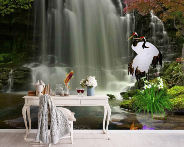 Wasserfall mit Vögeln und Fischen Fototapeten Wasserfall mit Vögeln und Fischen