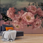 Fototapeten Schmetterling fliegt über einen Strauß rosa Blumen