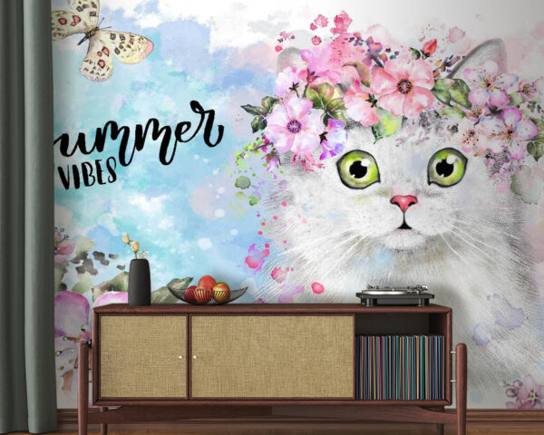 Katze mit Blumen auf dem Kopf Fototapeten Katze mit Blumen auf dem Kopf