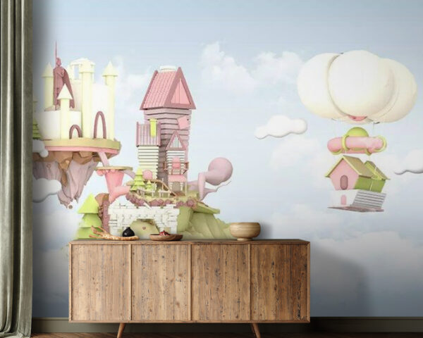 Fototapeten Im Himmel schwebende Cartoon-Häuser