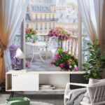 Fototapeten Blick auf einen Balkon mit Blick auf den Eiffelturm aus dem Fenster