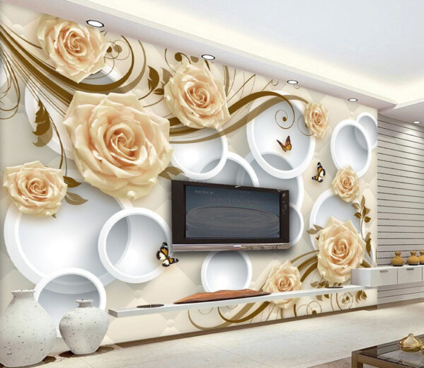 Fototapeten Tapete mit Rosen und Schmetterlingen