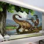 Fototapeten Großer Dinosaurier mit langen Hörnern und langem Schwanz