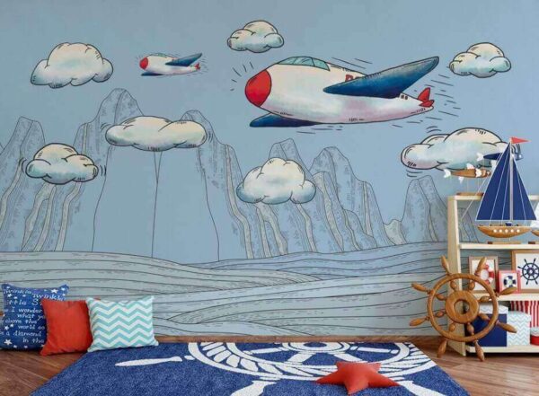 Fototapeten Cartoon von Flugzeugen, die über Berge fliegen