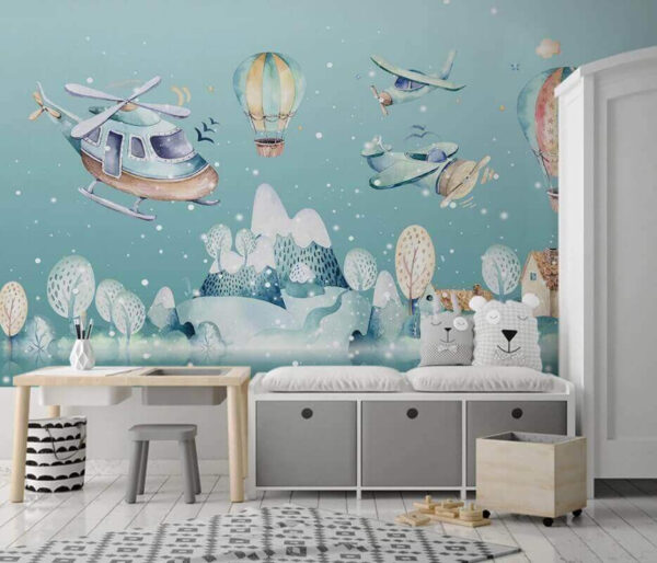 Aquarellillustration eines Hubschraubers und Heißluftballons Fototapeten Aquarellillustration eines Hubschraubers und Heißluftballons