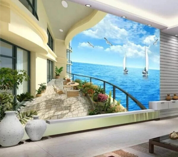 Balkon mit Blick auf das Meer und die Boote Fototapeten Balkon mit Blick auf das Meer und die Boote