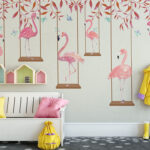 Fototapeten Rosa Flamingo mit roten Blättern
