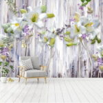 Fototapeten Gruppe von weißen Blumen auf einer Holzoberfläche