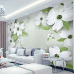 Fototapeten Weiße Blüten mit grünen Blättern