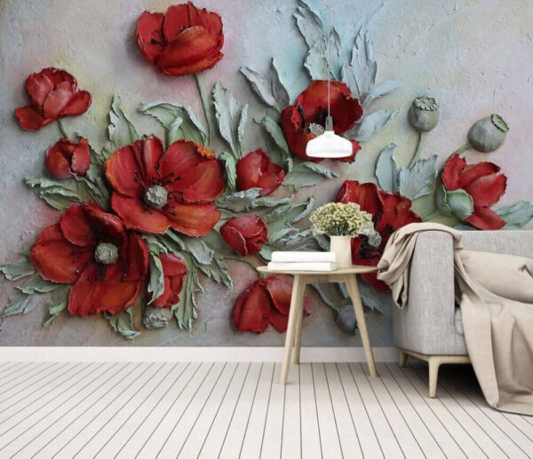 Leuchtend rote Mohnblumen auf strukturierter Leinwand Fototapeten Leuchtend rote Mohnblumen auf strukturierter Leinwand