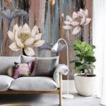 Fototapeten Malerei von Blumen auf einer Holzoberfläche