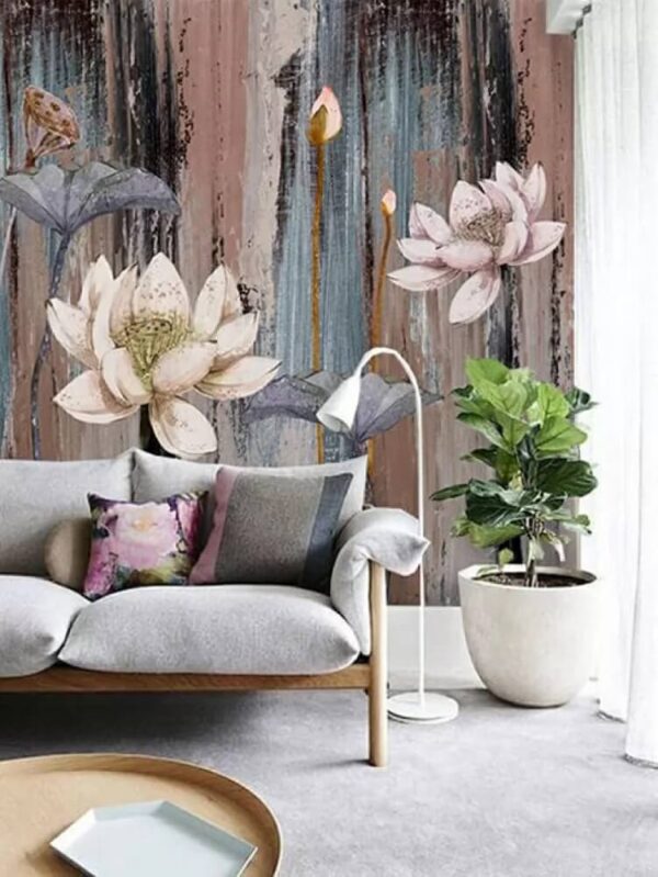 Malerei von Blumen auf einer Holzoberfläche Fototapeten Malerei von Blumen auf einer Holzoberfläche