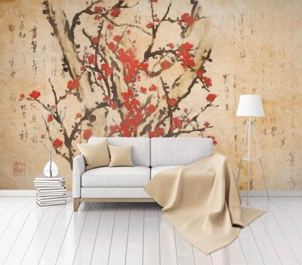 Fototapeten Gemälde eines Baumes mit roten Blumen