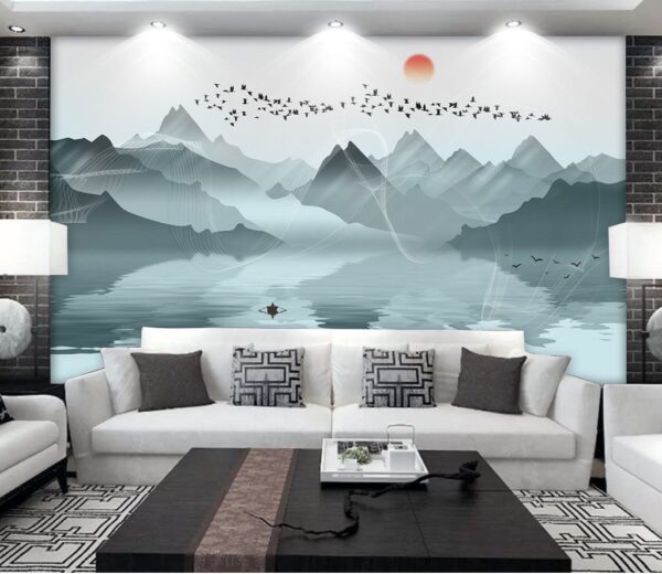 Fototapeten Eine Gruppe von Vögeln fliegt über einen See