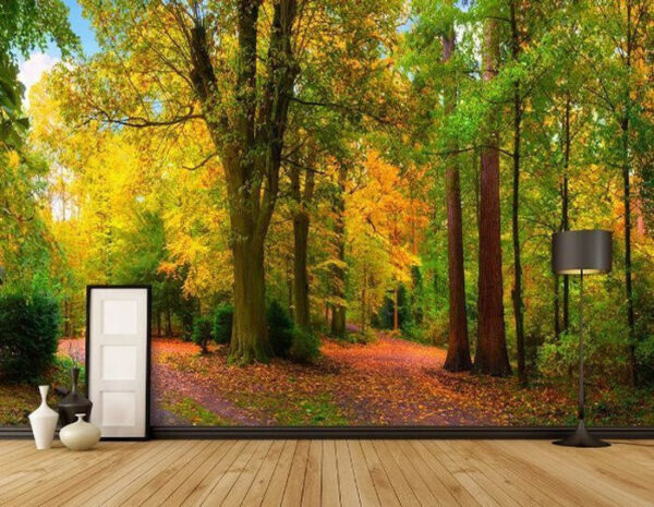 Bunter Herbstwald mit gewundenem Pfad Fototapeten Bunter Herbstwald mit gewundenem Pfad
