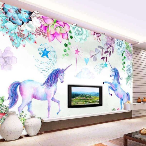 Fototapeten Aquarellierte Einhörner und Blumen