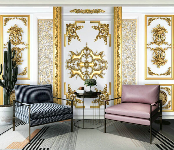 Fototapeten Weiß-goldene Wand mit verschnörkelten Motiven