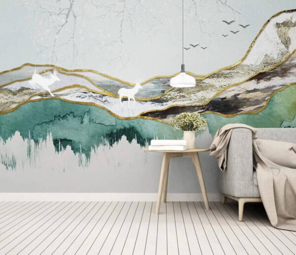 Fototapeten Gemälde eines Hirsches und Berge