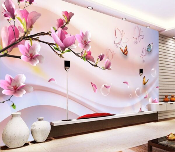 Fototapeten Rosa Blumen und Schmetterlinge