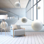 Fototapeten Weißer Ball auf einem Holzboden