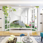 Fototapeten Fenster mit Blick auf einen Teich und Blumen