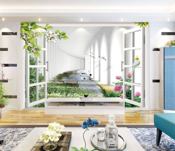 Fenster mit Blick auf einen Teich und Blumen Fototapeten Fenster mit Blick auf einen Teich und Blumen