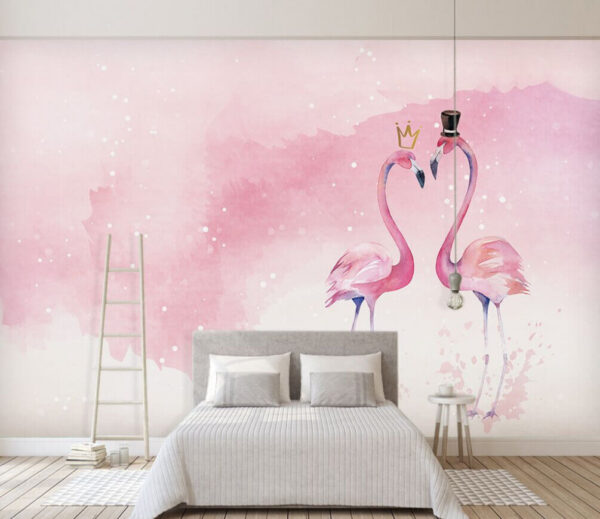 Zwei Flamingos mit Krone und Krönchen auf dem Kopf Fototapeten Zwei Flamingos mit Krone und Krönchen auf dem Kopf
