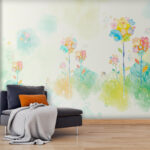 Fototapeten Aquarellmalerei mit Blumen und Kaninchen