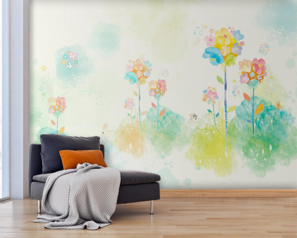 Aquarellmalerei mit Blumen und Kaninchen Fototapeten Aquarellmalerei mit Blumen und Kaninchen