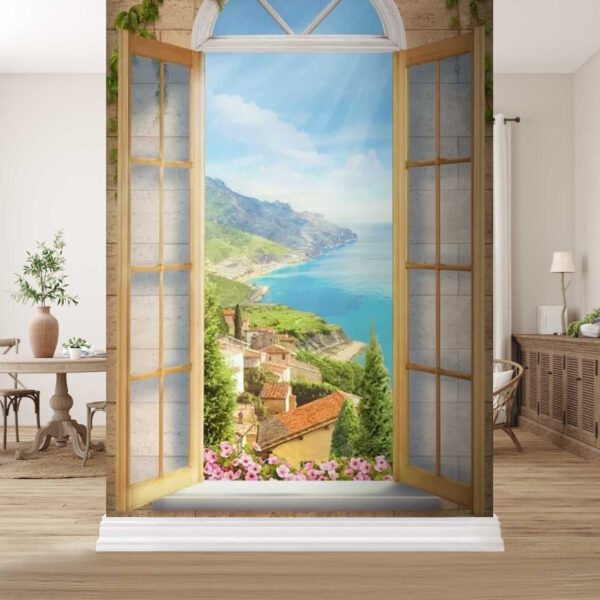 Blick aufs Meer aus dem offenen Fenster Fototapeten Blick aufs Meer aus dem offenen Fenster