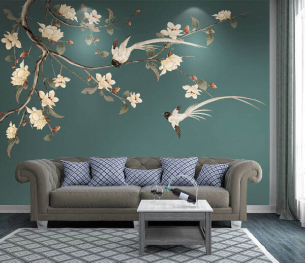 Fototapeten Vogel auf einem Zweig mit Blumen