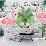 Fototapeten Wand mit Flamingos und Palmen