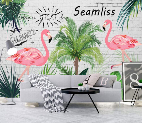 Wand mit Flamingos und Palmen Fototapeten Wand mit Flamingos und Palmen