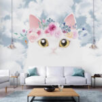 Fototapeten Weiße Katze mit Blumenkrone, Himmel