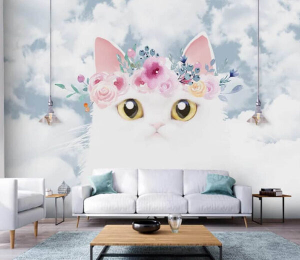 Weiße Katze mit Blumenkrone, Himmel Fototapeten Weiße Katze mit Blumenkrone, Himmel