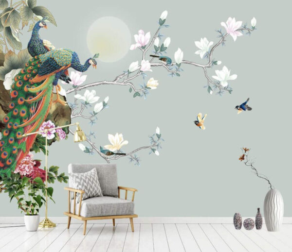 Vogel auf einem Zweig mit Blumen und Vögeln Fototapeten Vogel auf einem Zweig mit Blumen und Vögeln