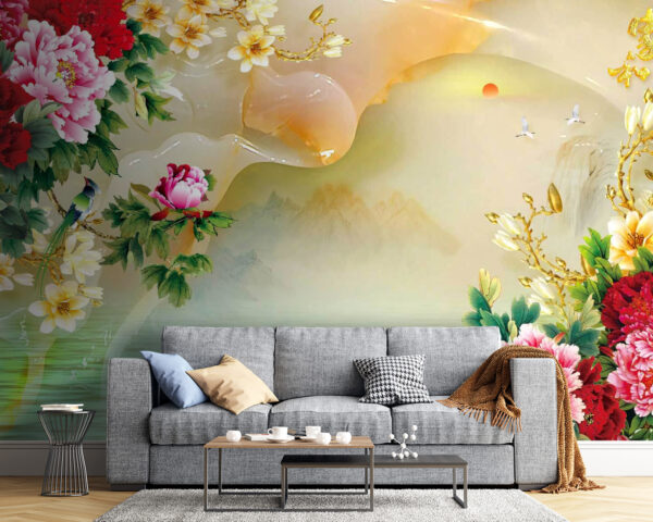 Fototapeten Gemälde mit Blumen und Schwänen