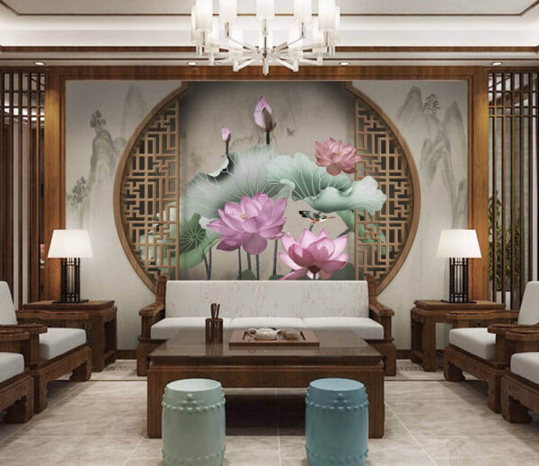 Fototapeten Tapete mit rosa Blumen und Blättern