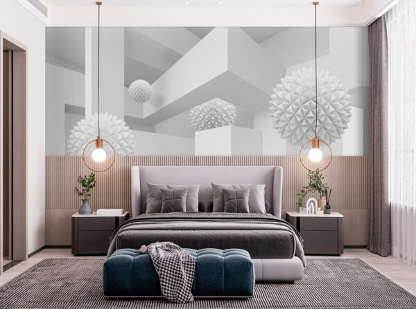 Fototapeten Weißer Raum mit weißen Kugeln